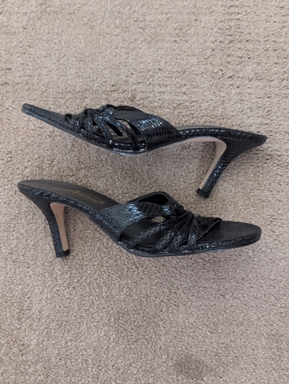 Annie Black Faux Leather Snakeskin Strappy Slip-on Kitten Heel Sandals - Picture 3 of 4